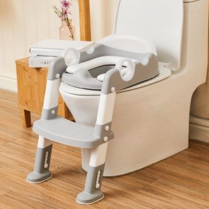 Potty Training Seat with Ladder for Toddler and Kids,Wiifo Sturdy Potty Ladder with Soft Cushion and Splash Guard for Boys and Girls(Grey White)